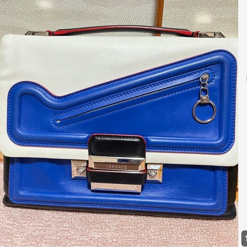 Versace Blue and White Satchel with Silver Accents